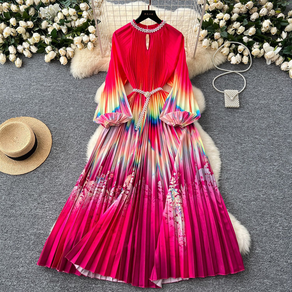 European and american high-end elegant women's fashion beaded round neck hollow-out pleated lantern sleeve cinched waist printed maxi dress