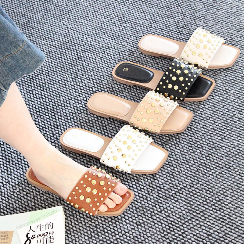 Ladies flat shoes wholesale square head metal rivets flat bottom slippers outer wear craft shoes Slippers