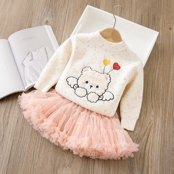 Girlsweatercutebear bottomall-in-one velvetthickened princess skirttwo-piece set tutu skirtfall and winternew arrivalsuit