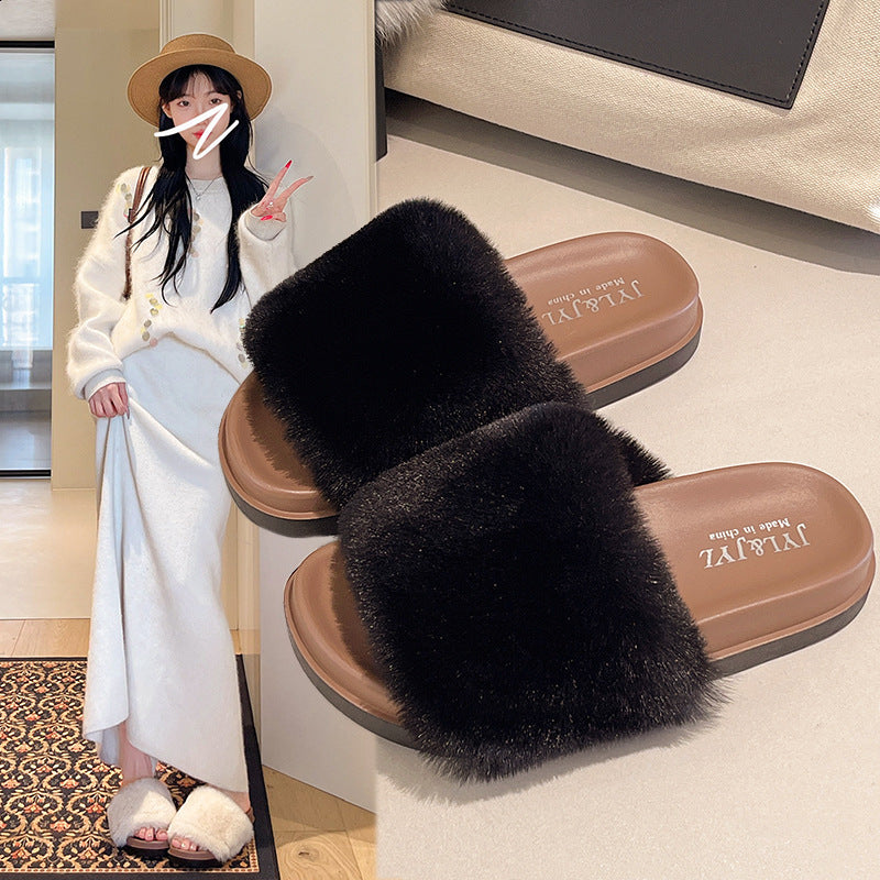 Thick soleclassy furry slippers women's outwear 2025fall and winternew arrivalk-stylefashion furry one-line cotton slippers