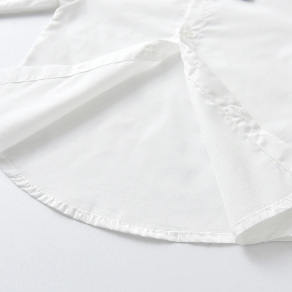 New classic boys' short-sleeve white cotton shirt - lightweight summer style for kids, perfect for performances, school uniforms, and elementary school students (sizes for mid-to-large children)