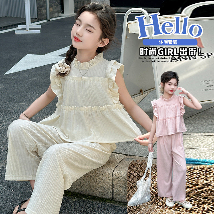 Girls' flutter sleeve solid color outfit, princess style children's clothing,  new girls' top, summer student chic two-piece set