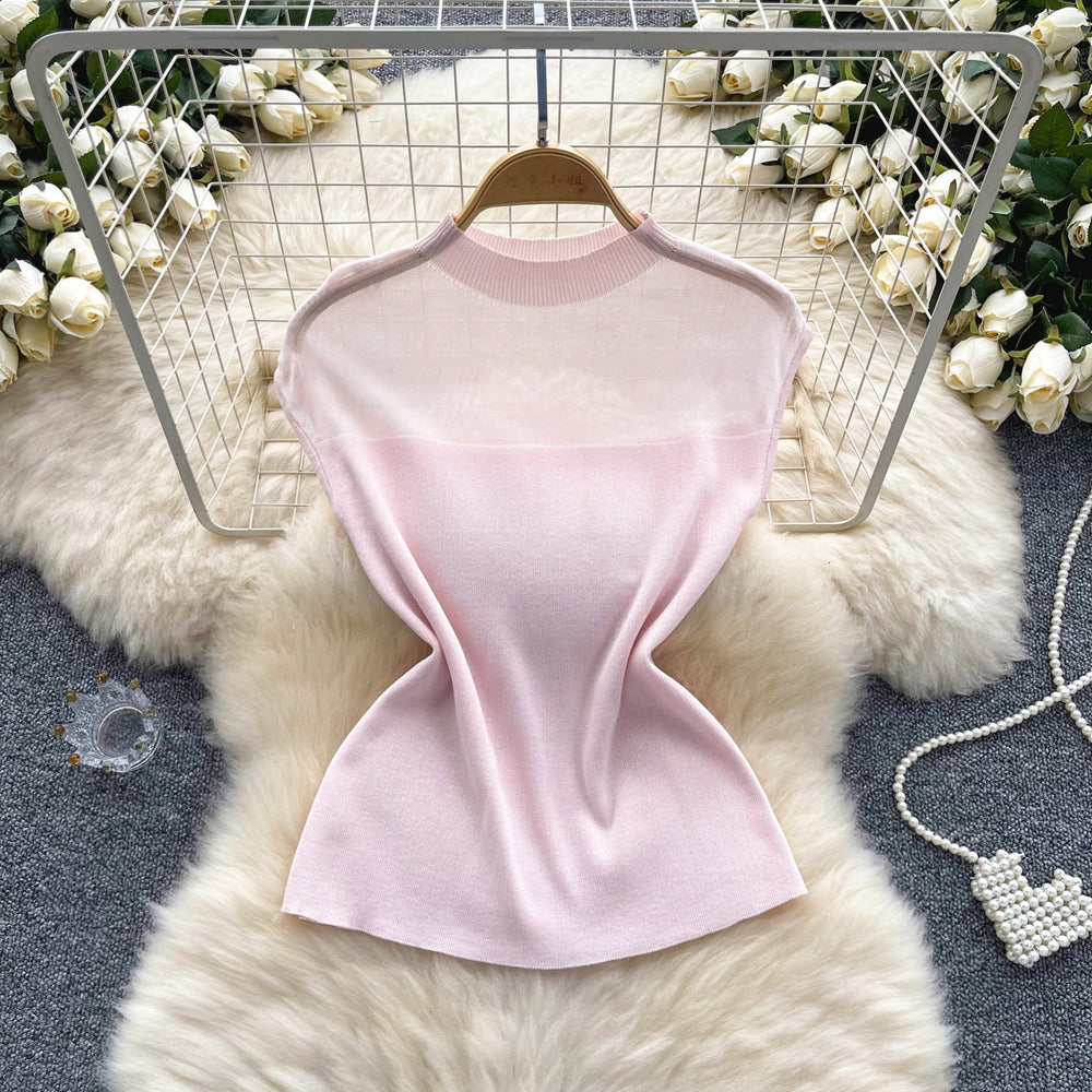 European and american style versatile new half-high neck knit top for women - pure & sexy sheer mesh panel slim-fit summer top