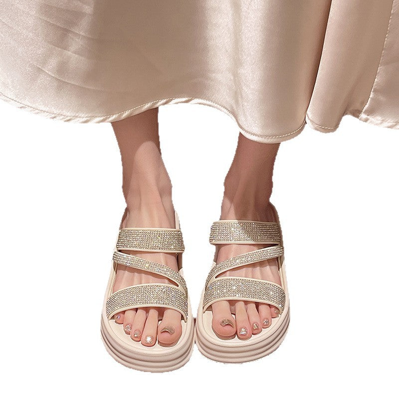 Non-slip platform sandals - princess style beach & home slides - new thick-soled rhinestone strap thong sandals - outdoor wear