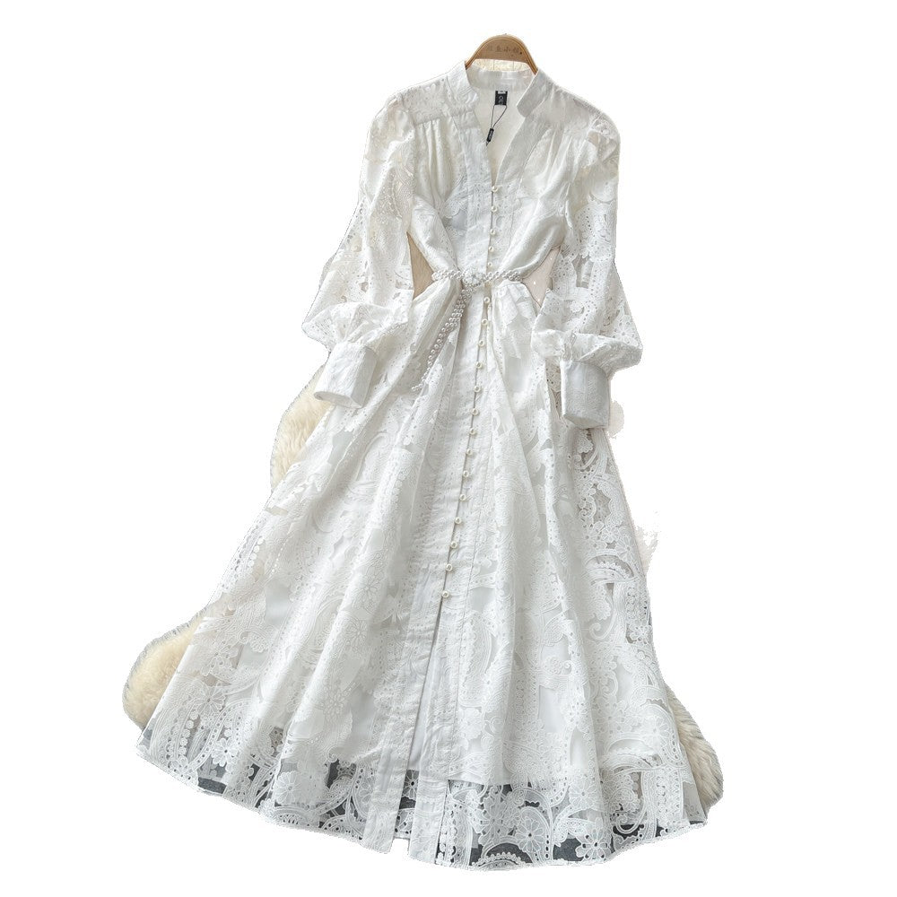 Accessible luxuryclassyheavy industry mesh embroidercut outdress women's long sleeves waist slimming lookwork clothingelegancea-line skirt