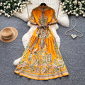Vintage print tie-waist short sleeve elegant dress - women's summer high-waisted a-line dress - slimming, figure-flattering, work-ready maxi dress