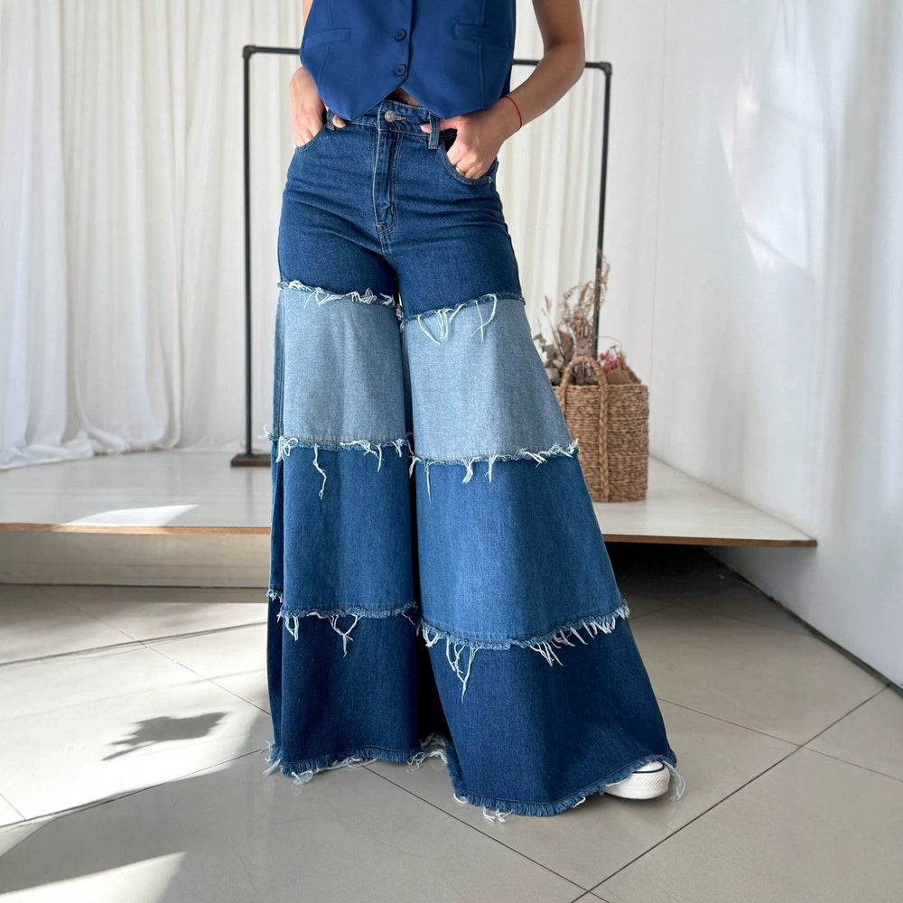 Fashionjeans women's high waistcontrast color raw edge patchworkloose pants elastic washed color matching large horn moppants