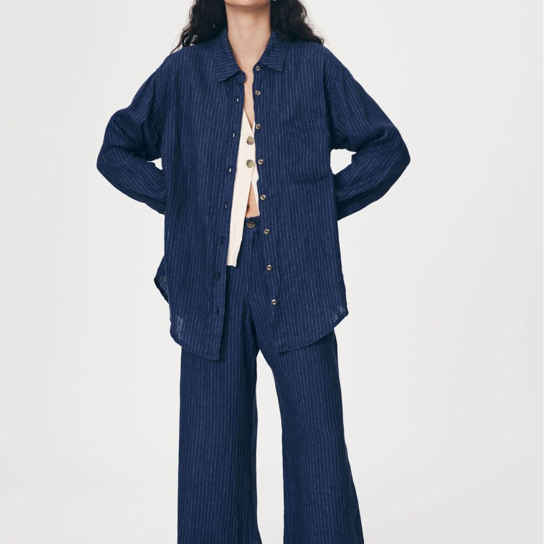 European and American  independent station casual navy blue striped two-piece cardigan top wide-leg pants women's clothing  hot sale