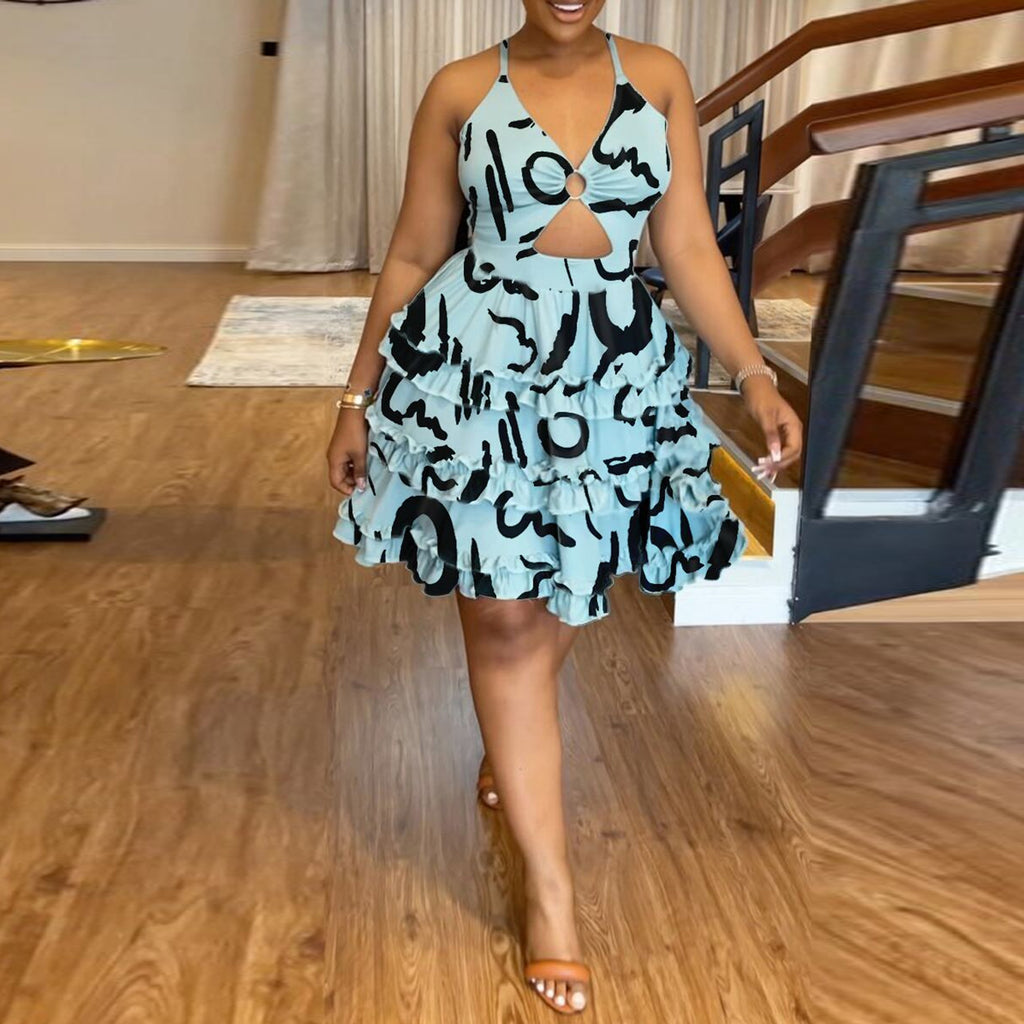 S10538 European and American, sexy, slim fit, printed fungus edge elastic cross suspender hollow cake dress dress