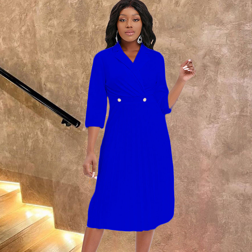 D286 european and american plus size women's clothing  autumn/winter new arrival - blazer collar solid color elegant pleated african-inspired cross-border dress