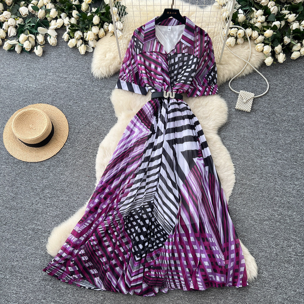 Korean style v-neck geometric print dress - women's spring  short sleeve, slim fit, a-line maxi dress - commute chic