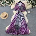 Korean style v-neck geometric print dress - women's spring  short sleeve, slim fit, a-line maxi dress - commute chic