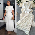 export tweed style short-sleeved stand-up collar topspleated skirttwo-piece setfemale spring and summerwork clothingeleganceelegantsuit