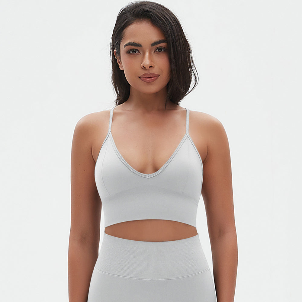 European and american seamless solid color v-neck camisole bra sports bra backless top breathable sweat-wicking yoga top fitness tank top for women