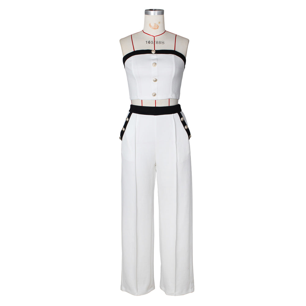 Amazon fashionsexy color matching chest wrap decorative buttons straight-leg high waist wide-leg women's pants suit