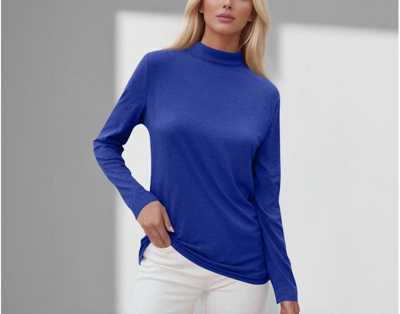 cross-border new women's long-sleeve t-shirt: everyday casual, mid-neck, solid color top, base layer - in stock