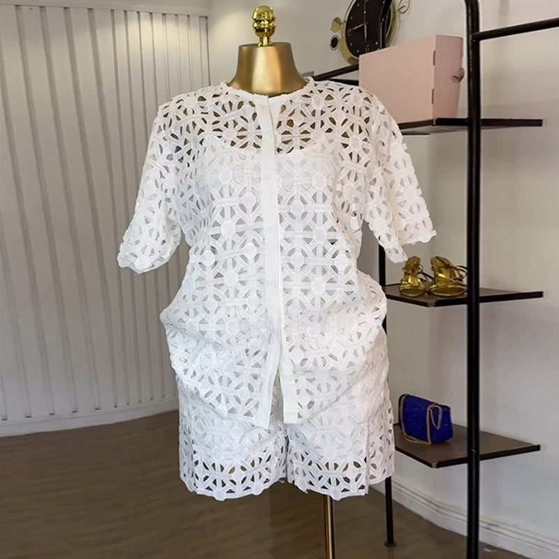 European and american cross-border women's fashion  summer new collection: stylish round neck hollow-out short sleeve shirt and wide leg shorts casual set