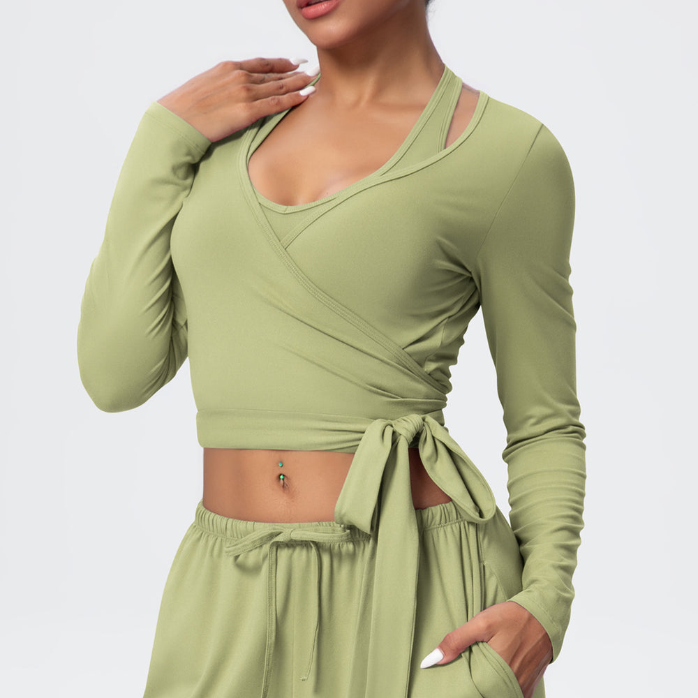 European and american fashionable brushed yoga top - one-piece tie-up long sleeve activewear for outdoor high-end fitness