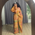 European and american cross-border women's fashion:  summer new collection - stylish printed long-sleeve shirred blouse and high-waisted wide-leg pants set