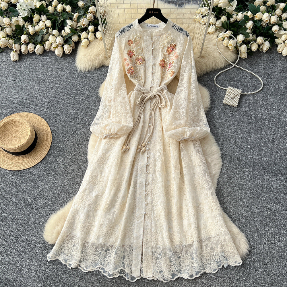 French retro heavy beaded sequin embroidered tie-waist lantern sleeve dress - women's autumn elegant maxi dress