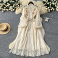 French retro heavy beaded sequin embroidered tie-waist lantern sleeve dress - women's autumn elegant maxi dress