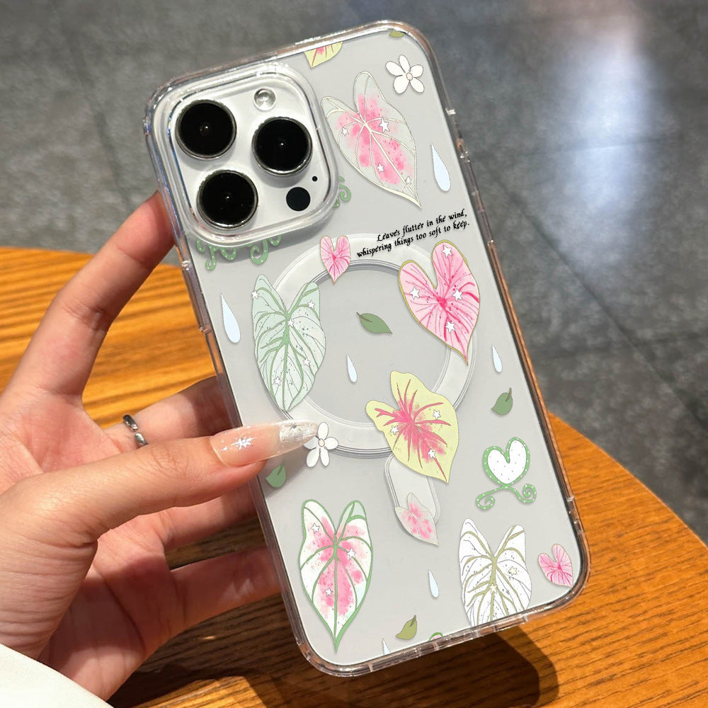 Ins fresh colorful leaf raindrops suitable for iphone17 apple 16pro magnetic anti-fall high transparency transparent mobile phone case 15