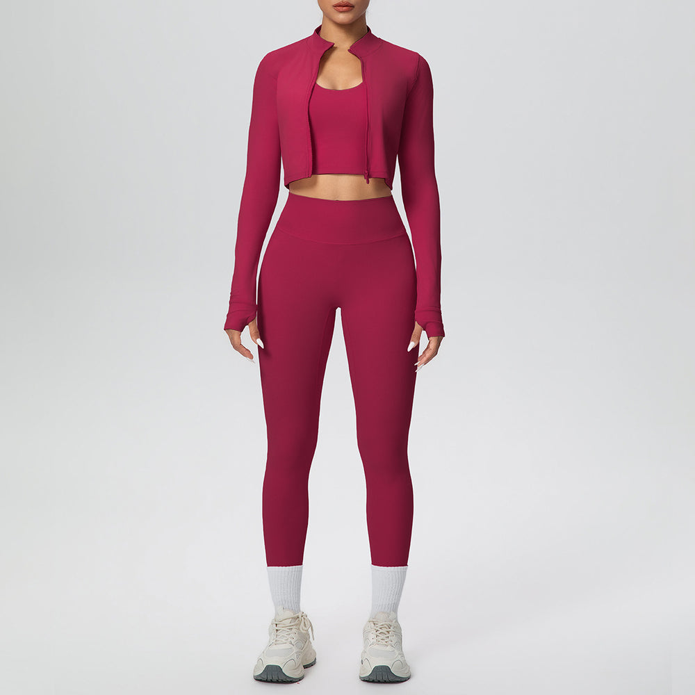 New halter neck backless zip-up outerwear yoga set - high-waisted, butt-lifting, compression fit - perfect for running, fitness, and gym workouts (3-piece set)