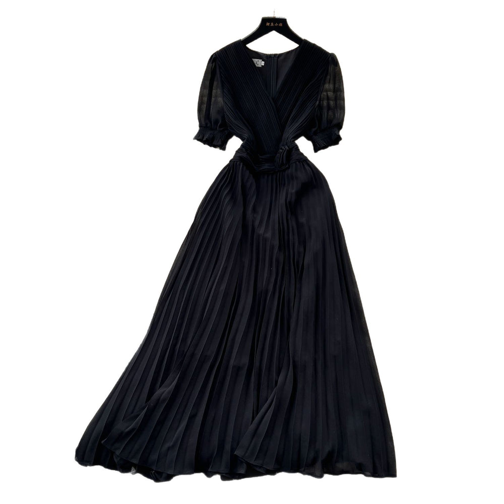 Frenchclassyelegantv neck puff sleeves stereo flower waist pleated dress female summer slimming lookelegant long skirt