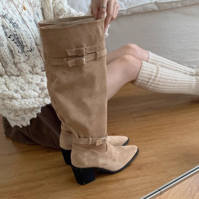 Stacked boots belt buckle thin boots cowhide pointed toe low heel retro western cowboy boots knight boots fall and winter long boots