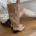 Stacked boots belt buckle thin boots cowhide pointed toe low heel retro western cowboy boots knight boots fall and winter long boots