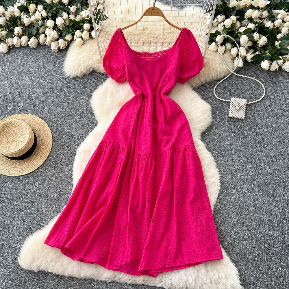 French chic embroidered cutout square neck puff sleeve dress - women's slimming, figure-flattering, elegant vacation maxi dress
