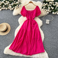 French chic embroidered cutout square neck puff sleeve dress - women's slimming, figure-flattering, elegant vacation maxi dress