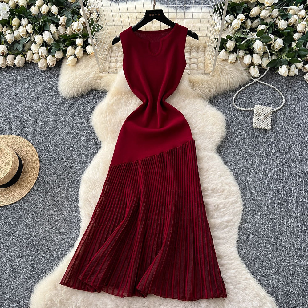 High-end knittingpatchworkasymmetrical mesh dress women's summerfrench waist slimming lookelegant sleeveless long dress
