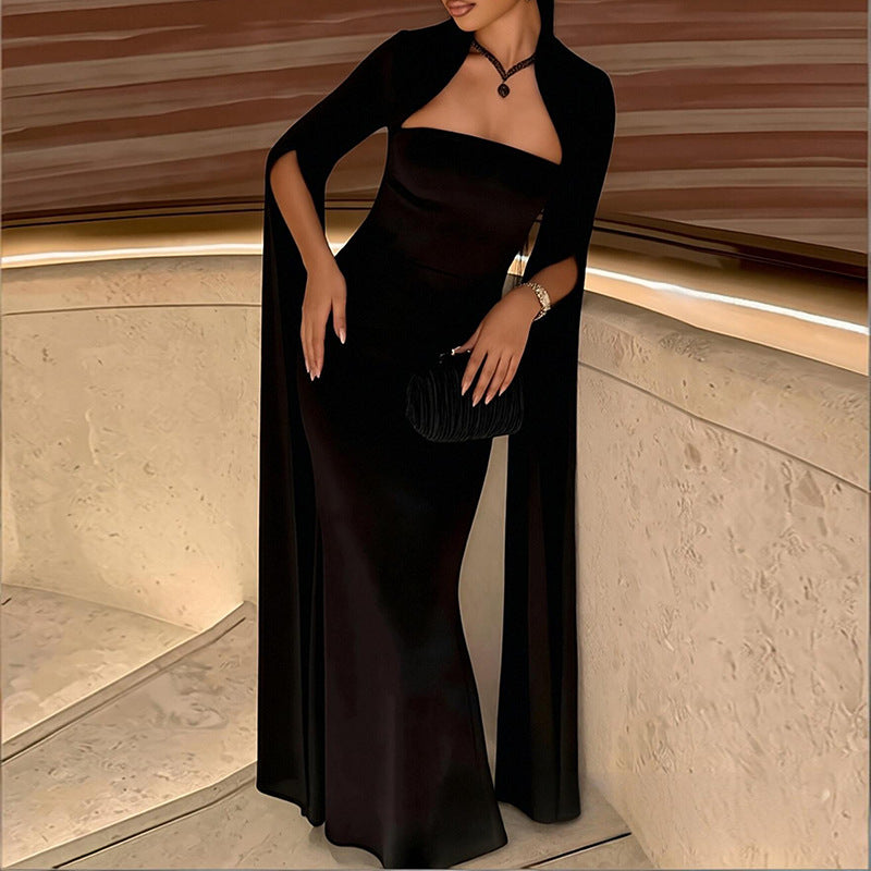 summer new arrival:  cross-border fashion, european & american style, high-end shawl sleeve, cinched waist mermaid dress