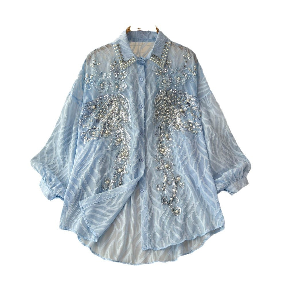 Fashionable age-reducing shirt for women french heavy industry sequinembroider diamond-encrusted easiest for matchclassy lantern sleeve slimming looktops trendy
