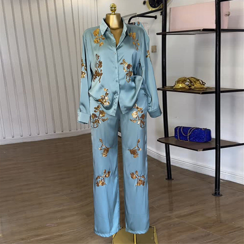 European and american cross-border women's fashion:  autumn new collection - stylish turn-down collar long-sleeve shirt and high-waisted pants set