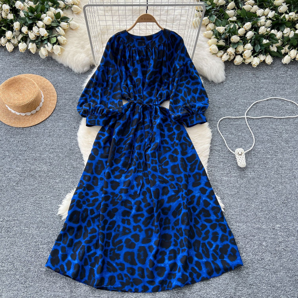 Frenchretroniche styleprintingdress women's autum strap waist round neck lantern sleeve slimming looklong skirt