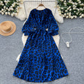 Frenchretroniche styleprintingdress women's autum strap waist round neck lantern sleeve slimming looklong skirt