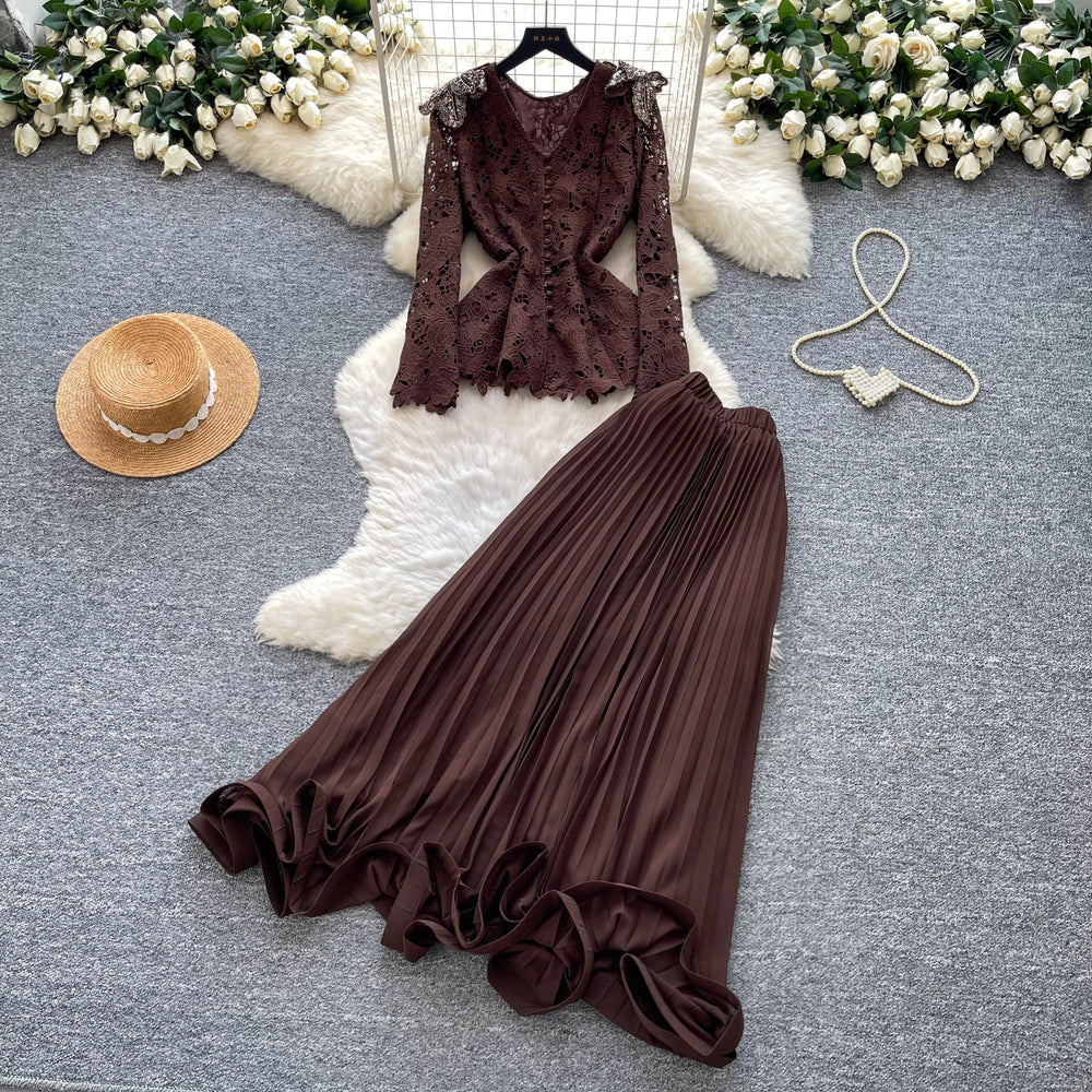 French chic v-neck lace top & high-waisted pleated skirt two-piece set - autumn's elegant & luxurious choice