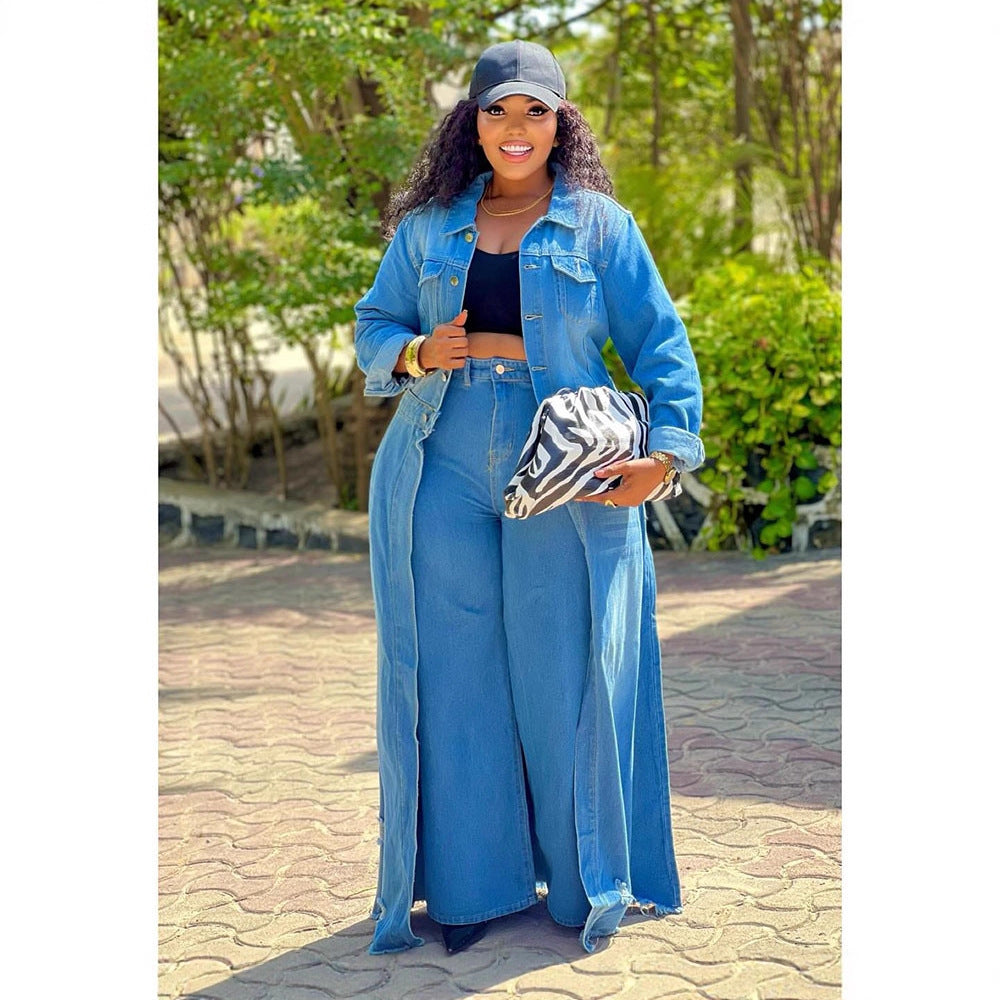 European and american style loose denim long coat  cross-border women's autumn and winter button-down cardigan long sleeve windbreaker jacket