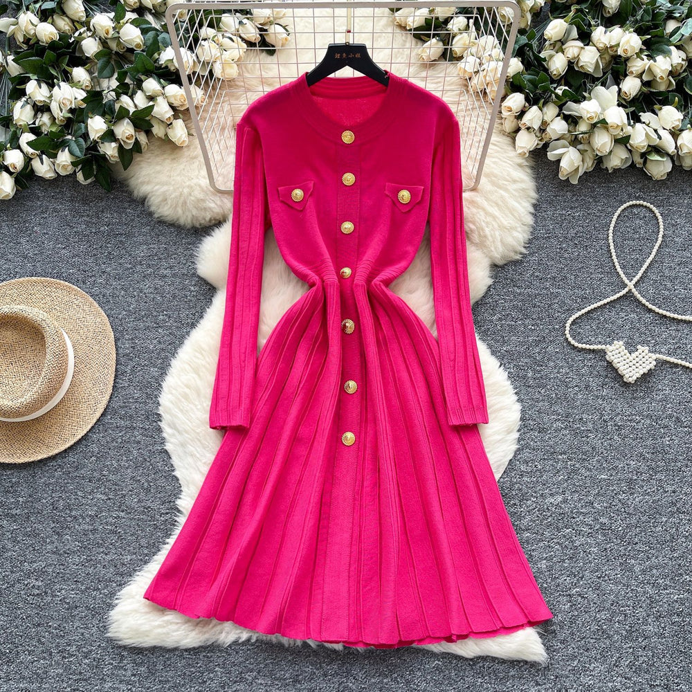 Classysense niche stylefrenchretro metal buckle waist slimming look round neck long sleevessweaterdress women's bottom long skirt