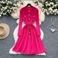 Classysense niche stylefrenchretro metal buckle waist slimming look round neck long sleevessweaterdress women's bottom long skirt