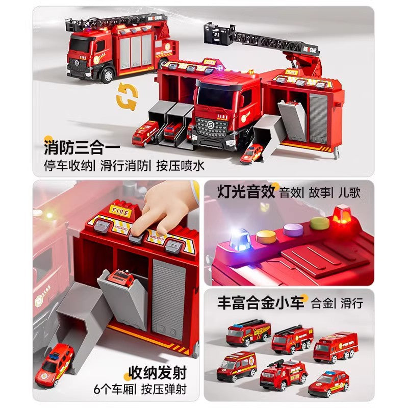 Sam's club style rescue fire truck - multifunctional parking garage with storable water spray, ejection ladder, and police car toy