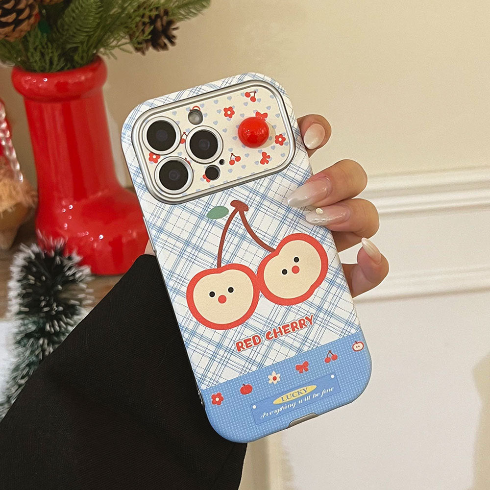 Two red cherries are suitable for lambskin large window iphone16 protective case 15 apple 17pm anti-fall mobile phone case