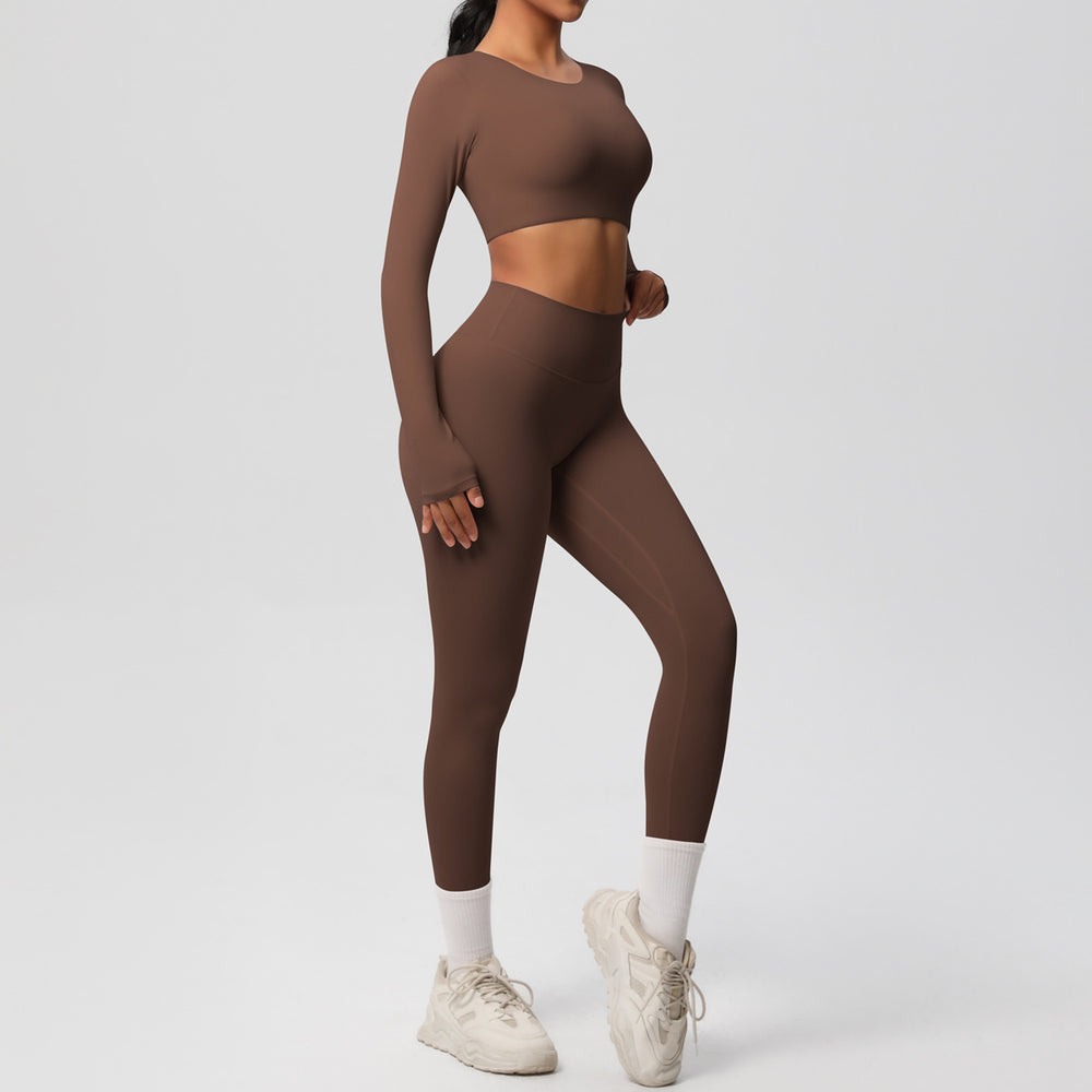 Ready-to-ship, solid-color, double-sided nylon brushed fabric, barely-there feel, form-fitting activewear yoga set for running and fitness, two-piece