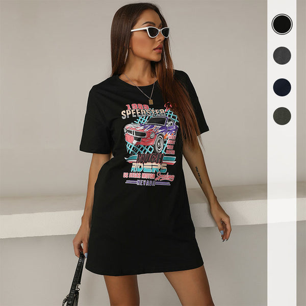 Independent Station Cross-border Summer New Loose Printing Crew Neck Black Short Sleeve T-Shirt Women's ins Trendy Women's Clothing