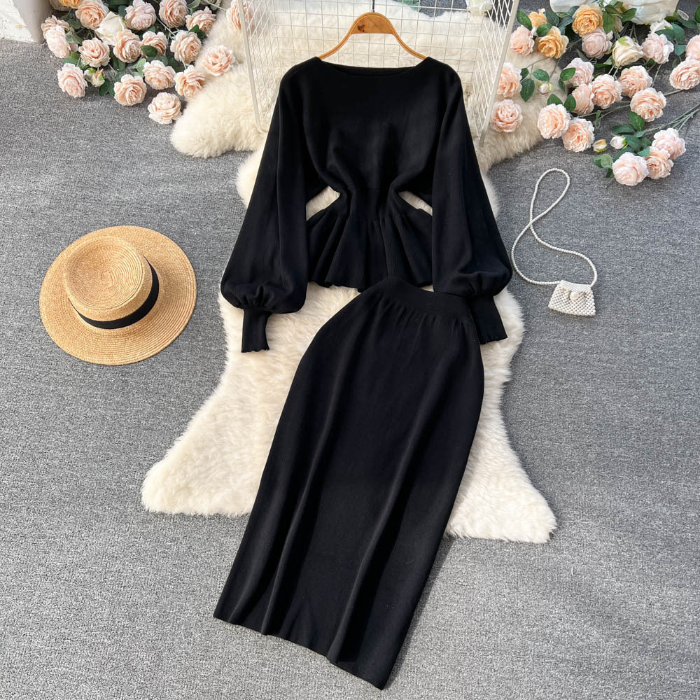 Autumn/winter french chic two-piece set: designer ruffle-trimmed lantern sleeve top + bodycon midi skirt