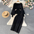 Autumn/winter french chic two-piece set: designer ruffle-trimmed lantern sleeve top + bodycon midi skirt