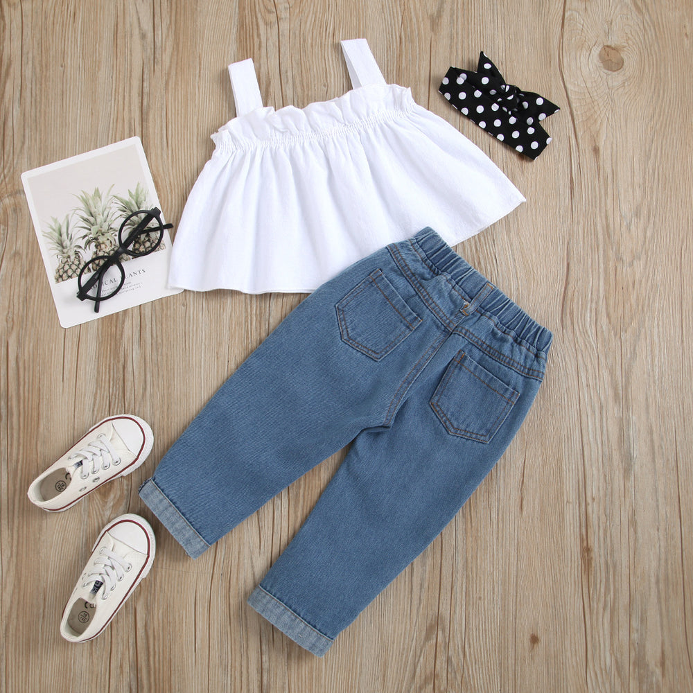 Girls' summer denim outfit: white lace cami top with beaded detail & distressed denim pants, includes headband