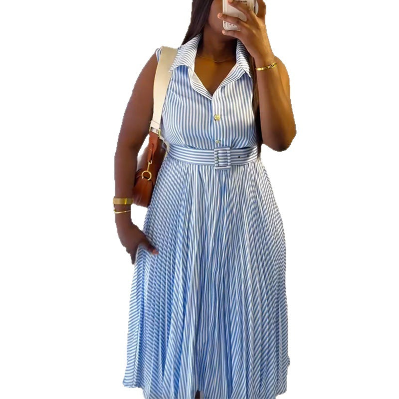 European and american cross-border women's fashion:  summer new arrival - elegant and stylish striped lapel tie-up pleated sleeveless dress